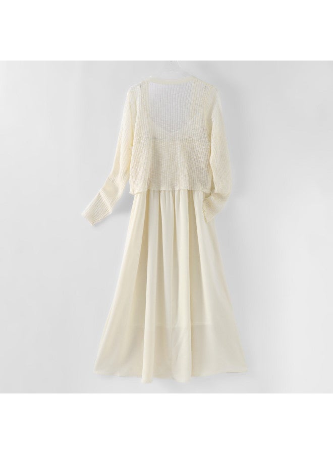 Jeanswest Long Sleeve Cardigan + Slip Dress Two-piece Set - Spring/summer Elegant Midi Dress Petite Outfit - Image 3