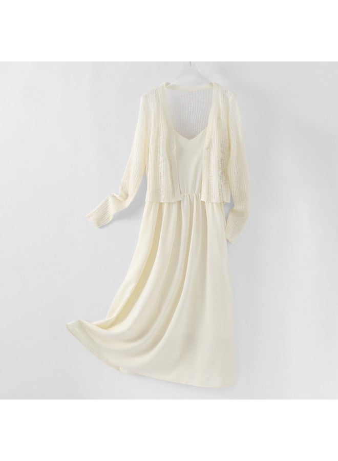 Jeanswest Long Sleeve Cardigan + Slip Dress Two-piece Set - Spring/summer Elegant Midi Dress Petite Outfit - Image 2