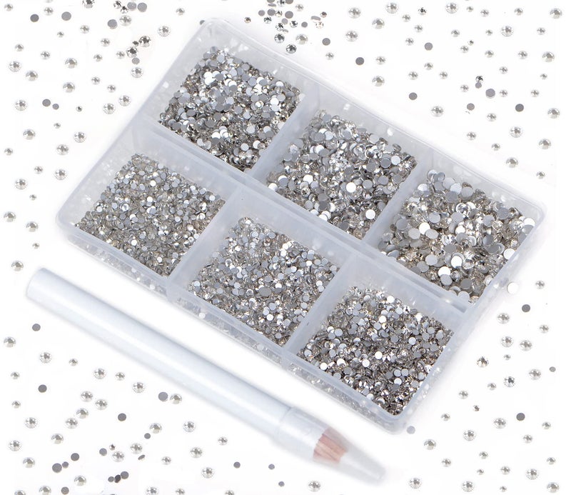 Bymitel 7200 Pieces 6 Mixed Sizes Glue Fix on Glass Rhinestones Round Crystal Gems Flatback for DIY Jewelry Making with one Picking Pen(6-Sizes 7200PCS, Clear Crystal) - Image 1
