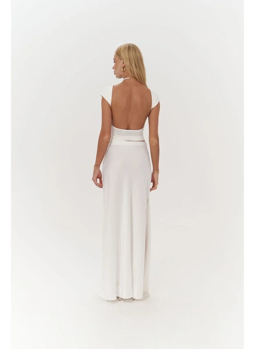 Mai Collection Cecil Slit Detail White Satin Skirt