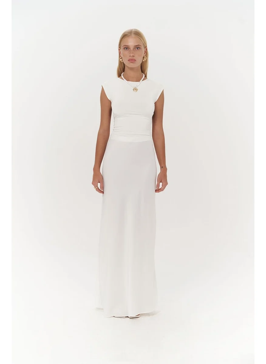 Mai Collection Cecil Slit Detail White Satin Skirt