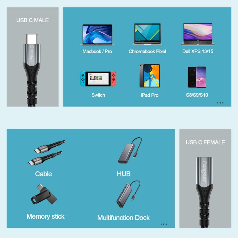 فاسجير كابل تمديد USB C من Fasgear، 10 جيجابت في الثانية، USB 3.1 الجيل 2، من نوع C ذكر إلى أنثى، يدعم إخراج فيديو وصوت بدقة 4K، متوافق مع منفذ Thunderbolt 3، MacBook Pro، Dell XPS، Switch، محور USB-C (1 متر، أسود) - Image 5