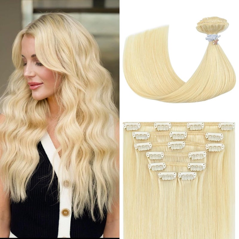 Aison Platinum Blonde Clip in Hair Extensions 70G 100% Remy Human Hair Soft Silky Straight 7pcs 16clips One Pack (20 Inch #60)