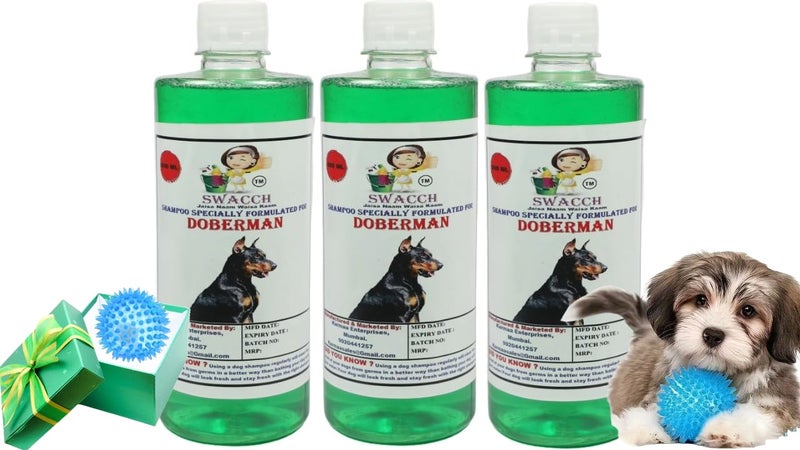 swacch Shampoo | Puppy Safe Shampoo | PH Balanced | Ditch to Itch for Doberman Dog Shampoo 500ml Pack of 3 (Neem Alovera) + Spike Ball Chew Toy Combo Pack - Image 1