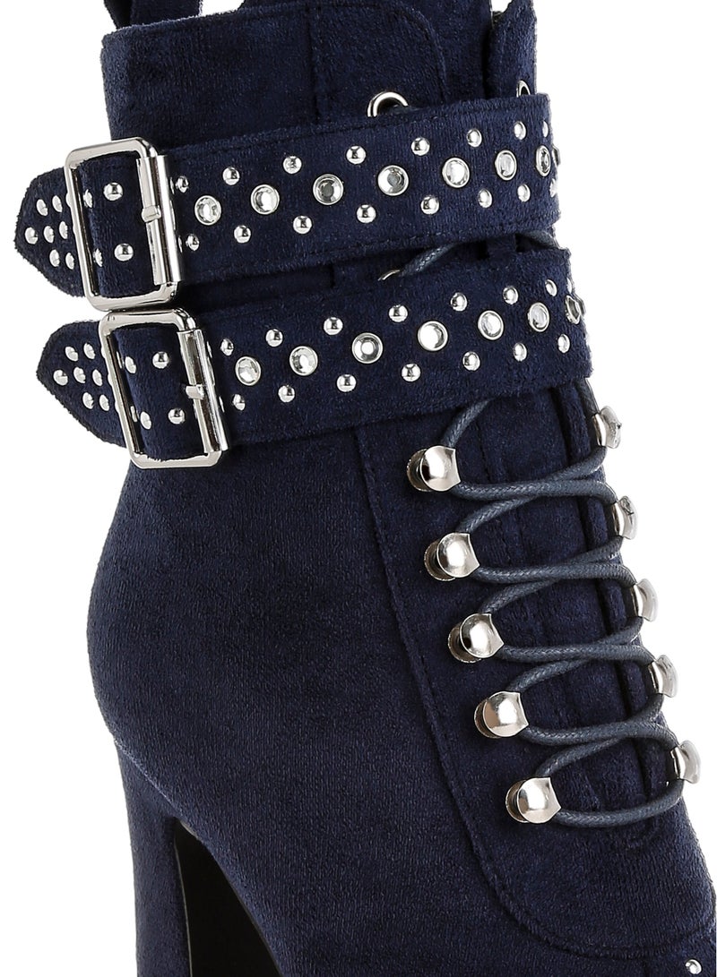 London Rag Harness Detail Lace Up Boots in Navy - Image 5