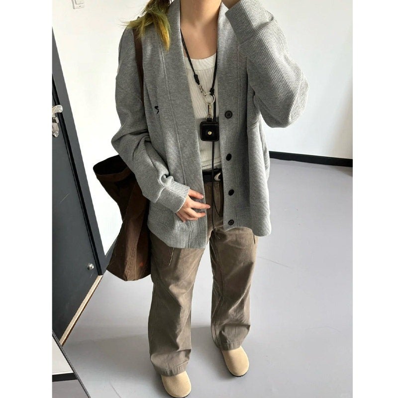 Grey Button V-Neck Sweater For Men And Women Autumn Wear High-Grade Waffle Couple Cardigan American-Style Lazy Chi Jacket - Image 3