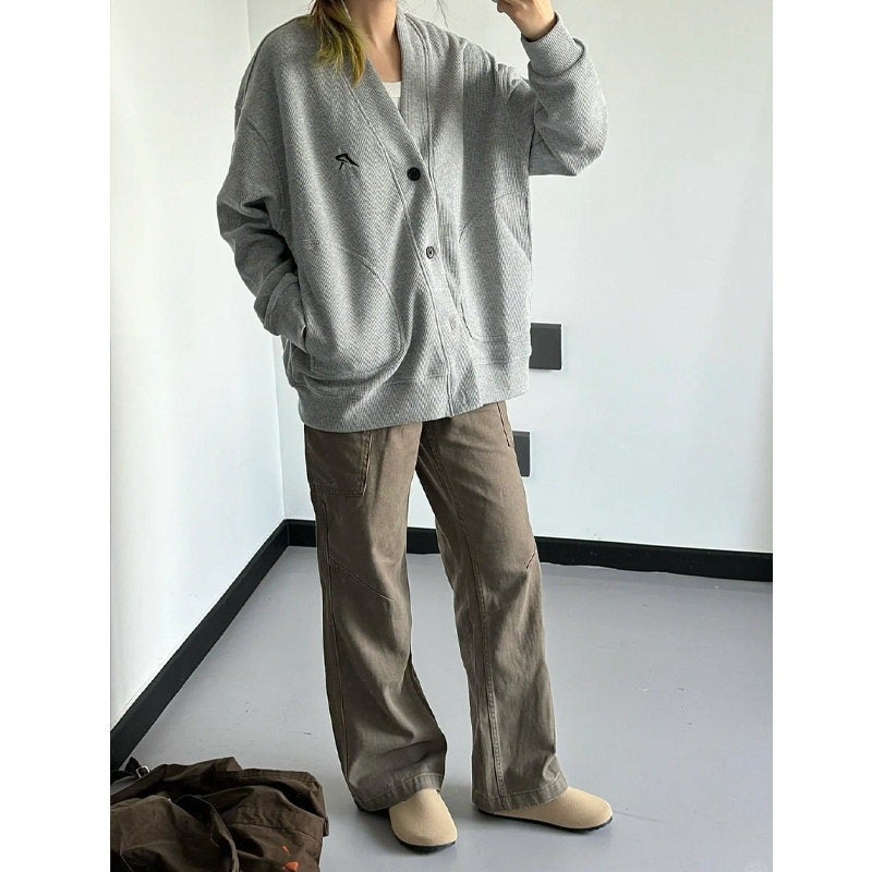 Grey Button V-Neck Sweater For Men And Women Autumn Wear High-Grade Waffle Couple Cardigan American-Style Lazy Chi Jacket - Image 1