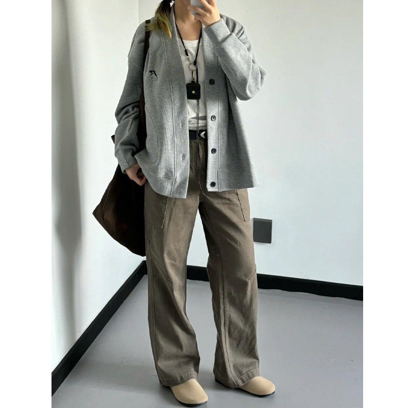 Grey Button V-Neck Sweater For Men And Women Autumn Wear High-Grade Waffle Couple Cardigan American-Style Lazy Chi Jacket - Image 4