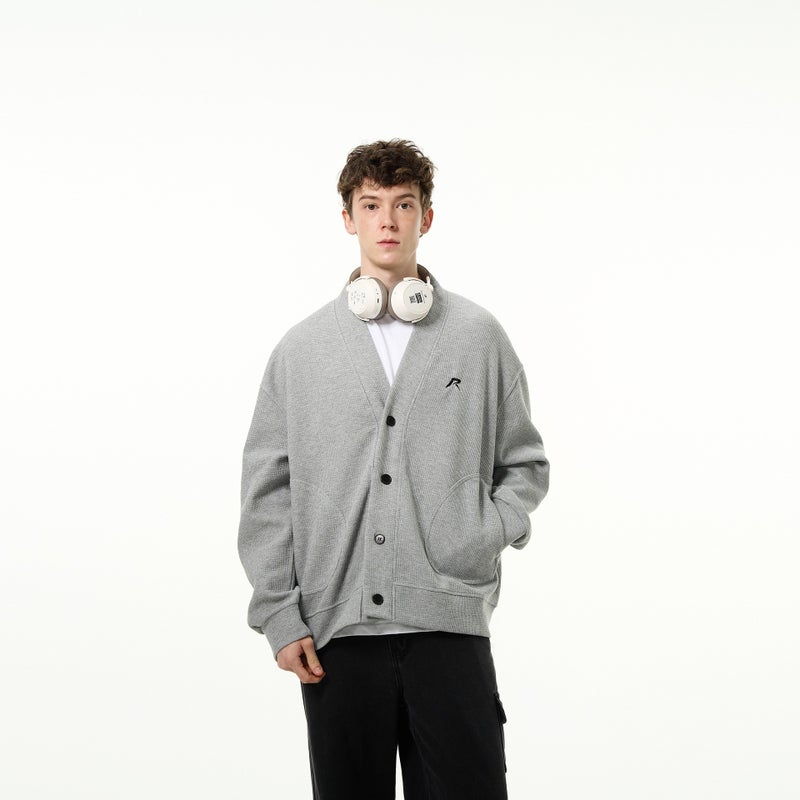 Grey Button V-Neck Sweater For Men And Women Autumn Wear High-Grade Waffle Couple Cardigan American-Style Lazy Chi Jacket - Image 5