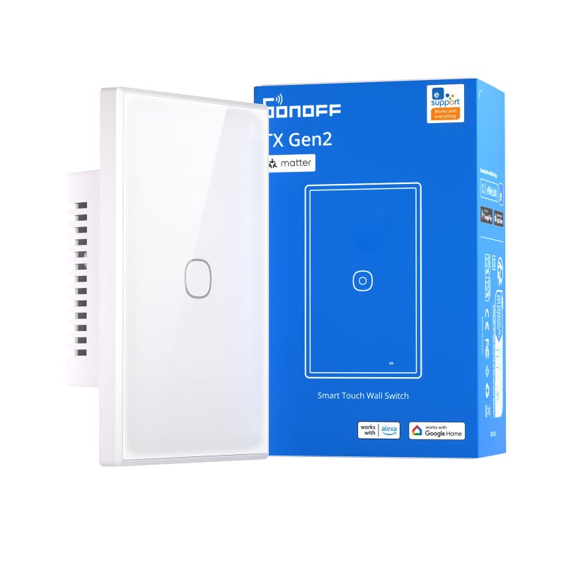 SONOFF TX Gen2 Smart Wall Touch Switch, 1-Channel 120-Type Panel, 2.4GHz Wi-Fi, eWeLink App Control, Matter Compatible, Works with Apple Home/Google Home/Amazon Alexa - T6-1C-120M - Image 1