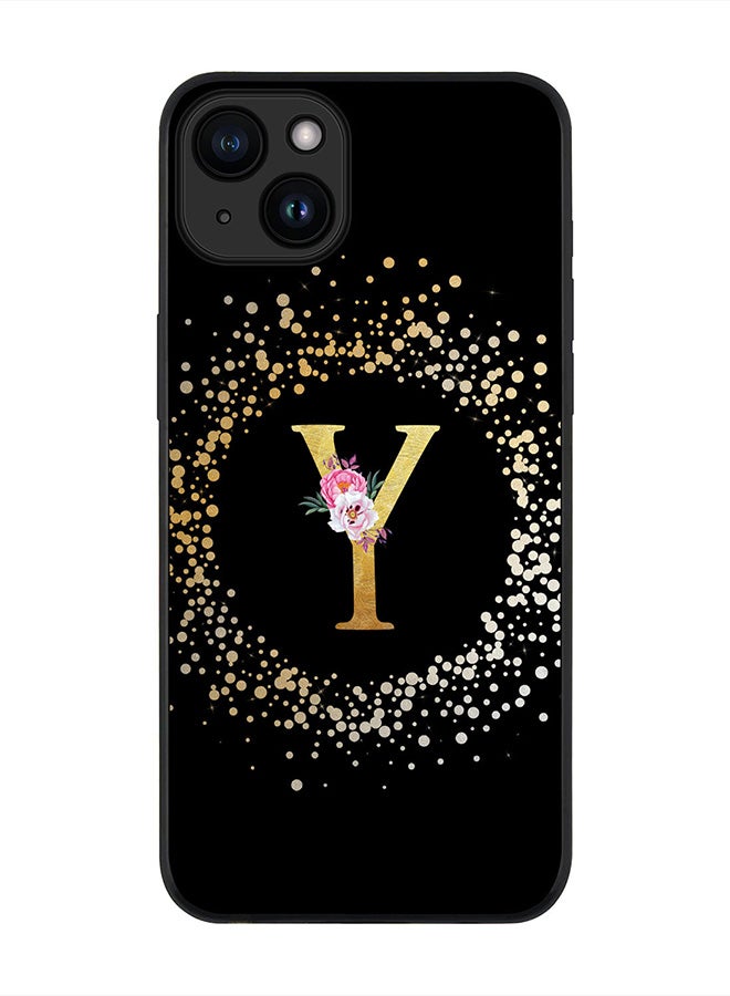 Stylizedd Cover for iPhone 15 Case , Rugged Black Slim fit Thin Protective Phone Cases - Custom Monogram Initial Letter Floral Pattern Alphabet - Y (Black) - Image 1