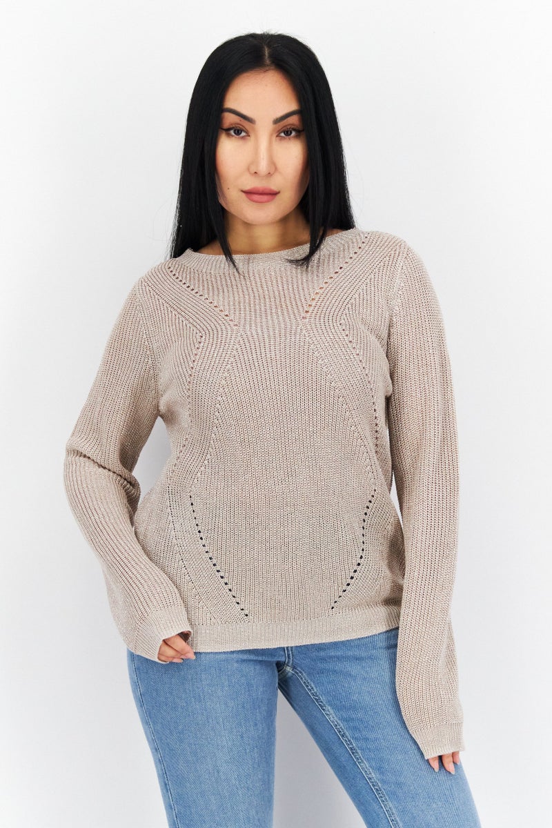 COMMA Women Round Neck Long Sleeve Knitted Sweater, Dusty Pink - Image 1