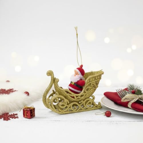 Wanna Party Baby Santa on Sledge Christmas Hanging Ornaments (Pack of 3) | 10-11.5cm Golden Xmas Tree Decorations | Shatterproof PVC Charms for Gift Wrap & Home Décor - Image 2