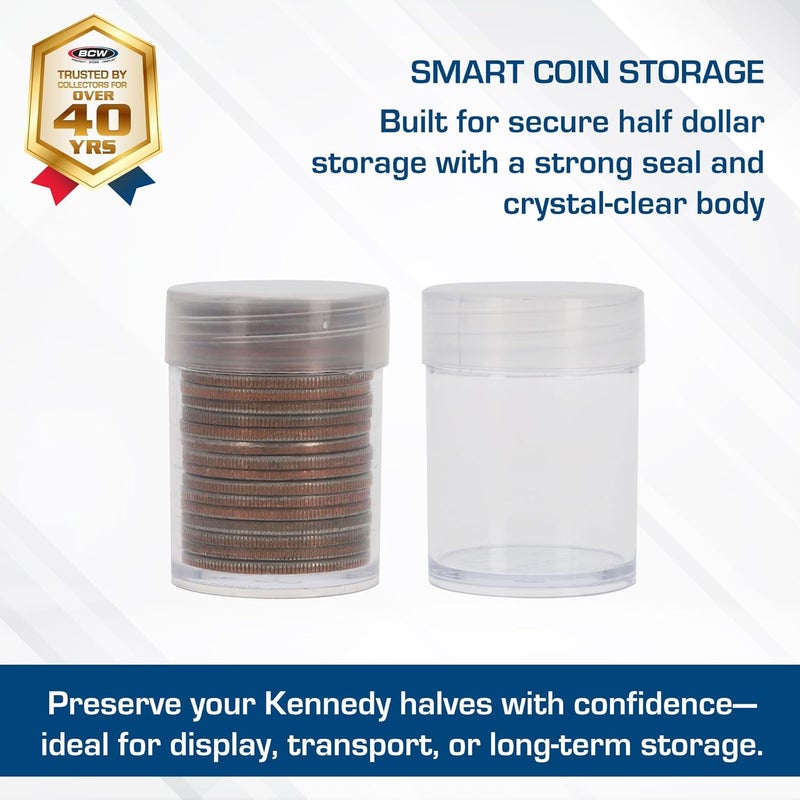 BCW Coin Tubes for Half Dollars - 10ct | Holds "Kennedy" Half Dollar | Durable Plastic Tube Coin Holders | Coin Collecting Supplies | Half Dollar Coin Tubes | Coin Storage Tubes with Airtight Lids - Image 2