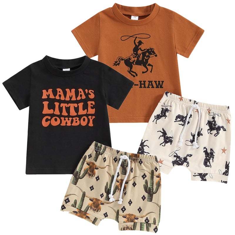 VZF Toddler Boys Shorts Set Western Cowboy-Print Short Sleeves Tops+Elastic Pants Baby Summer Casual Outfits,Black+Coffee 6-12M - Image 1