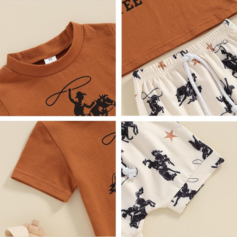 VZF Toddler Boys Shorts Set Western Cowboy-Print Short Sleeves Tops+Elastic Pants Baby Summer Casual Outfits,Black+Coffee 6-12M - Image 2