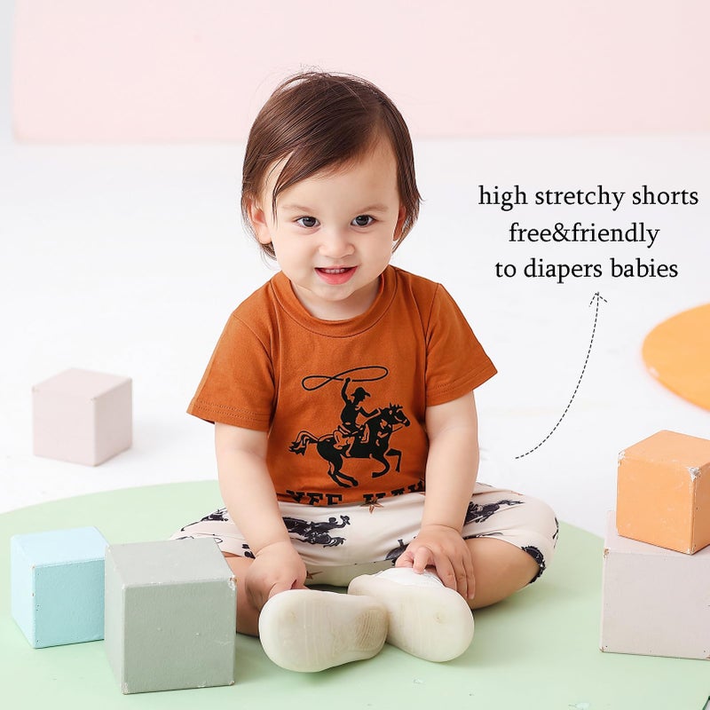 VZF Toddler Boys Shorts Set Western Cowboy-Print Short Sleeves Tops+Elastic Pants Baby Summer Casual Outfits,Black+Coffee 6-12M - Image 4