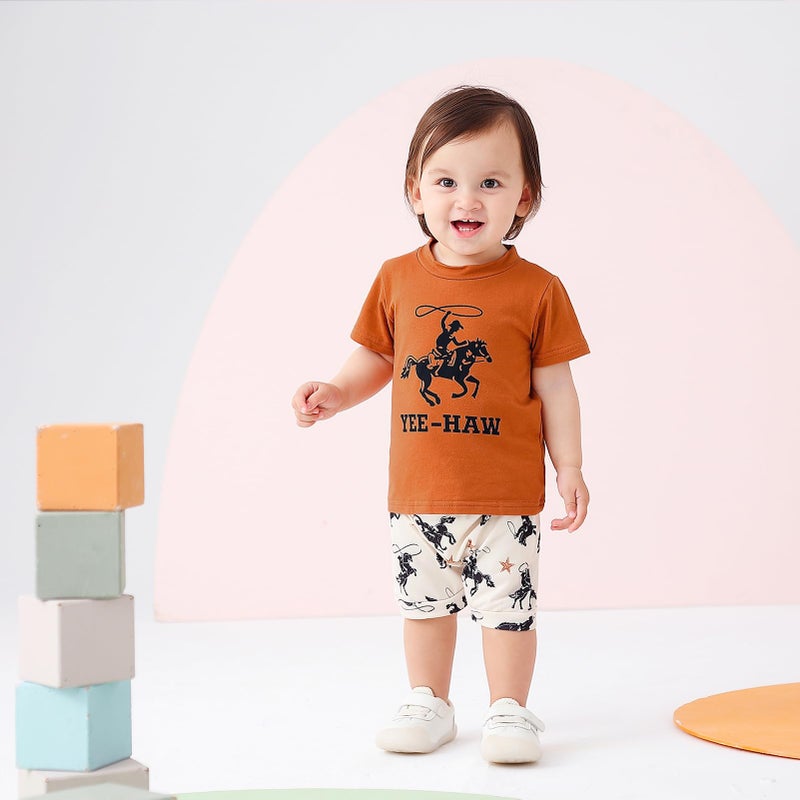 VZF Toddler Boys Shorts Set Western Cowboy-Print Short Sleeves Tops+Elastic Pants Baby Summer Casual Outfits,Black+Coffee 6-12M - Image 3