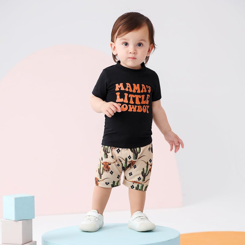 VZF Toddler Boys Shorts Set Western Cowboy-Print Short Sleeves Tops+Elastic Pants Baby Summer Casual Outfits,Black+Coffee 6-12M - Image 5
