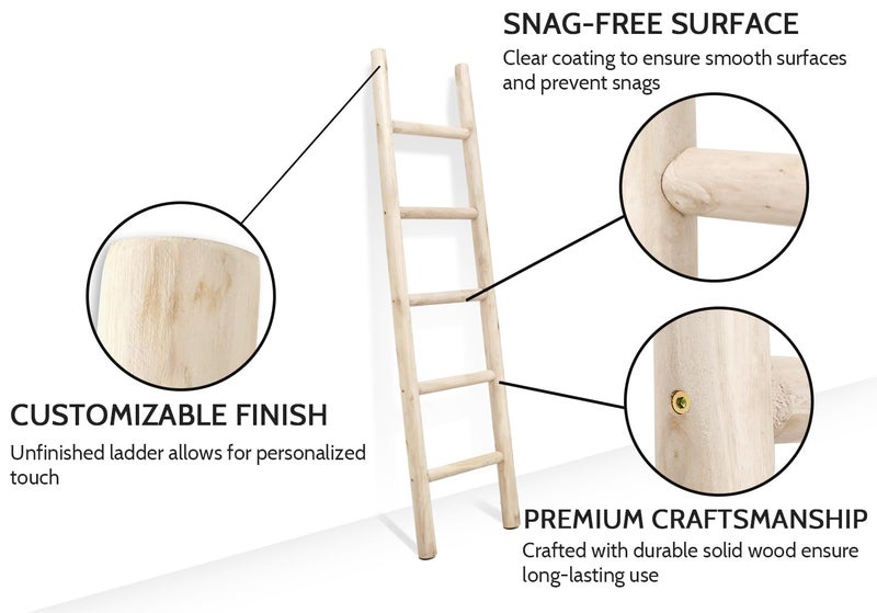 FUIN 57in Wood Blanket Ladder Living Room Decorative Wall Leaning Farmhouse Quilt Display Holder Rustic Wooden Towel Rack for Bathroom, Unfinished - Image 3