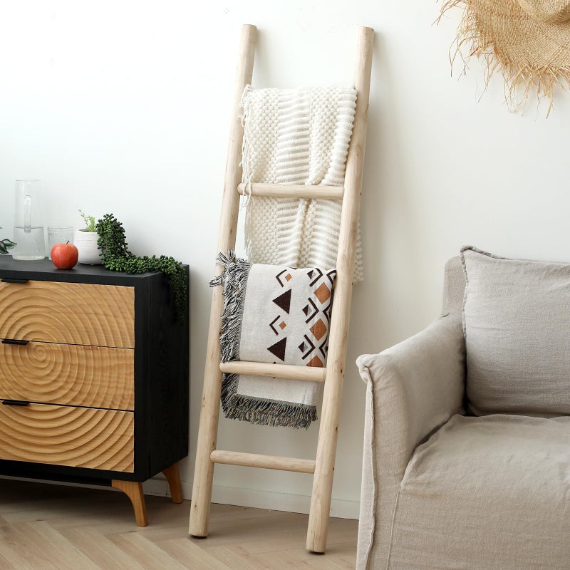 FUIN 57in Wood Blanket Ladder Living Room Decorative Wall Leaning Farmhouse Quilt Display Holder Rustic Wooden Towel Rack for Bathroom, Unfinished - Image 5