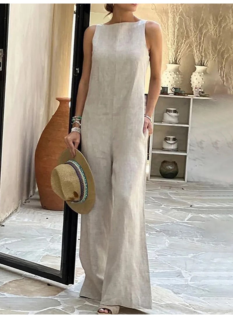 Loose Sleeveless Solid Color Split-Joint Round-Neck Jumpsuits