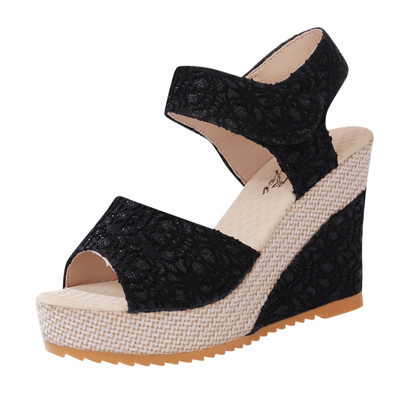 European and American Foreign Trade Wedge Lace Color-matching Fish-toe Sandals Womens Thick-soled High-heeled Velcro Beach Sandals Black 