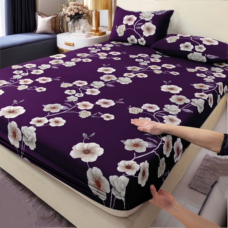 Three Classic Stylish Vintage Luxury Romantic Purple Floral White Branch Bedding Set Including Two Pillowcases And One Mattress Cover Suitable For Double Queen King Sized Beds Soft - Image 1