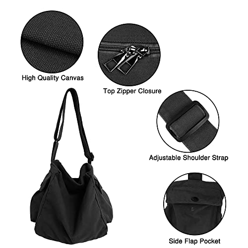 Youjaree Canvas Tote Bag Hobo Crossbody Handbag Big Capacity Messenger Bag with Multiple Pockets Casual Shoulder Bag for Women Men (Black) - Image 3