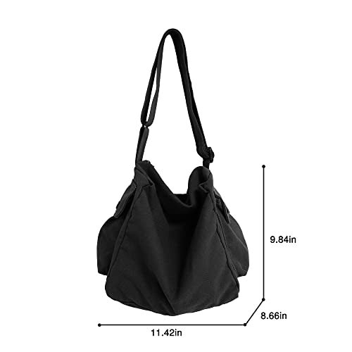 Youjaree Canvas Tote Bag Hobo Crossbody Handbag Big Capacity Messenger Bag with Multiple Pockets Casual Shoulder Bag for Women Men (Black) - Image 5