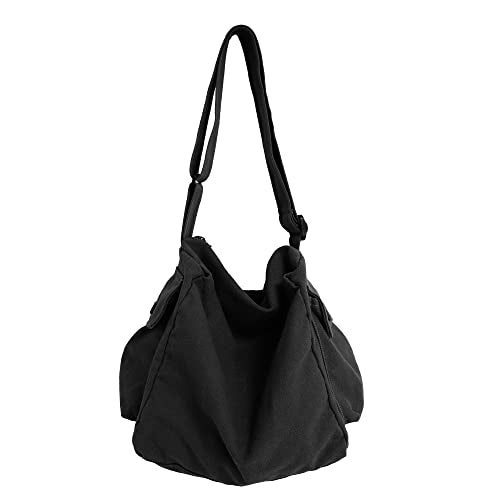 Youjaree Canvas Tote Bag Hobo Crossbody Handbag Big Capacity Messenger Bag with Multiple Pockets Casual Shoulder Bag for Women Men (Black) - Image 1