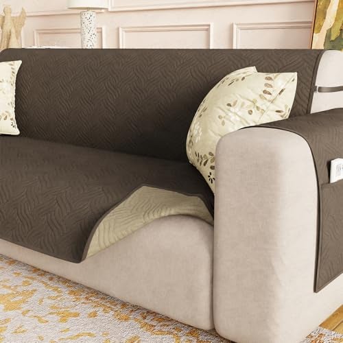 Lukzer 4 Seater Reversible Quilted Sofa Mat - Aqua Weave Pattern |Dark Brown| 250 GSM Polyester Sofa Runner with Arms & Deep Storage Pocket | Machine Washable Sofa Cover with Elastic Belt (SC-216-04) - Image 1