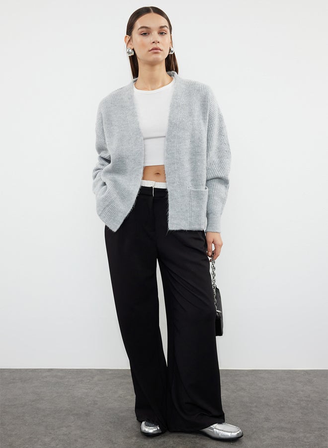 trendyol Gray Wide Fit Soft Textured Knitwear Cardigan with Pocket Detail - Image 1