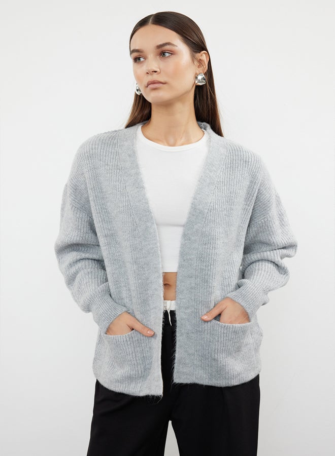 trendyol Gray Wide Fit Soft Textured Knitwear Cardigan with Pocket Detail - Image 2