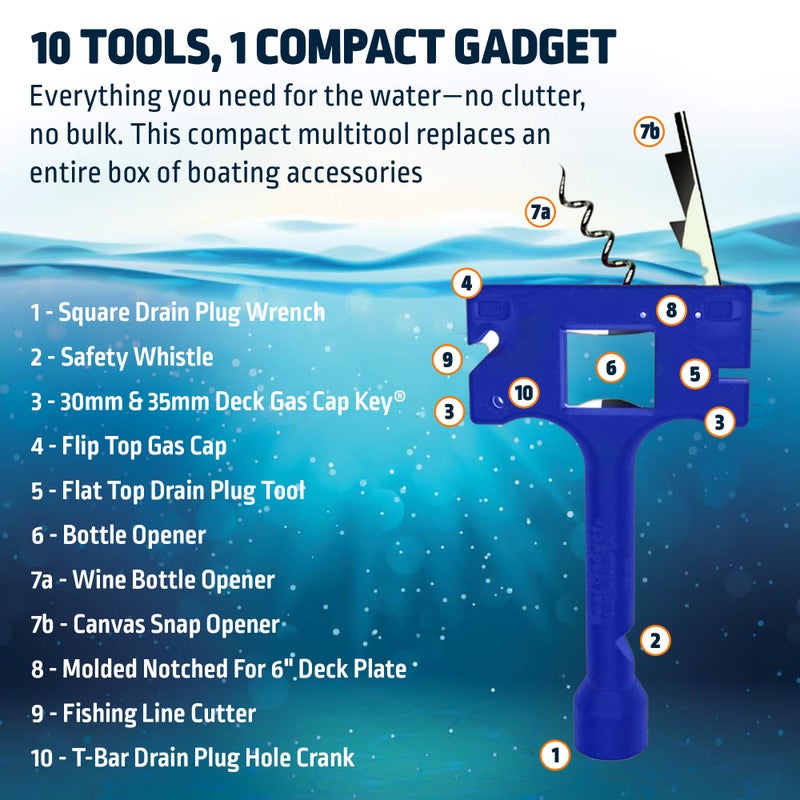 Boat Gadget 10-in-1 Boat Tool, Blue - Must-Have Boat Accessory with Gas Cap Key, Fishing Line Cutter, Bottle Opener, Whistle & More - Smart Addition to Any Boat Tool Kit for Fishing, Boating & Fun - Image 2