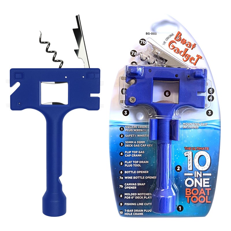 Boat Gadget 10-in-1 Boat Tool, Blue - Must-Have Boat Accessory with Gas Cap Key, Fishing Line Cutter, Bottle Opener, Whistle & More - Smart Addition to Any Boat Tool Kit for Fishing, Boating & Fun - Image 1