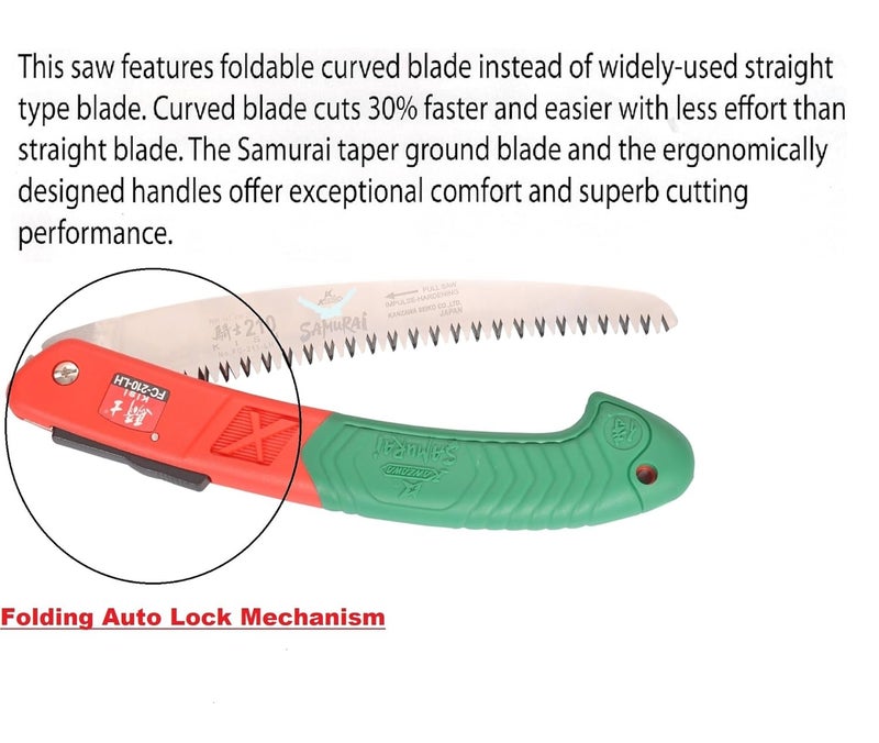 SAMURAI Heavy Duty Folding Garden Hand Pruning Saw FC 210 LH with Safety Auto Lock Mechanism Comfort Handle Designed for SingleHand Use Perfect for Trimming Trees Pruning Tree Branch and More Green Mini Portable Home Manual Trimming Folding Saw Cutter Made In Japan - Image 2