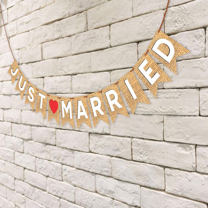 Wobbox Jute Style White & Red Heart "Just Married" Bunting Banner, Wedding Decoration Item - Image 4