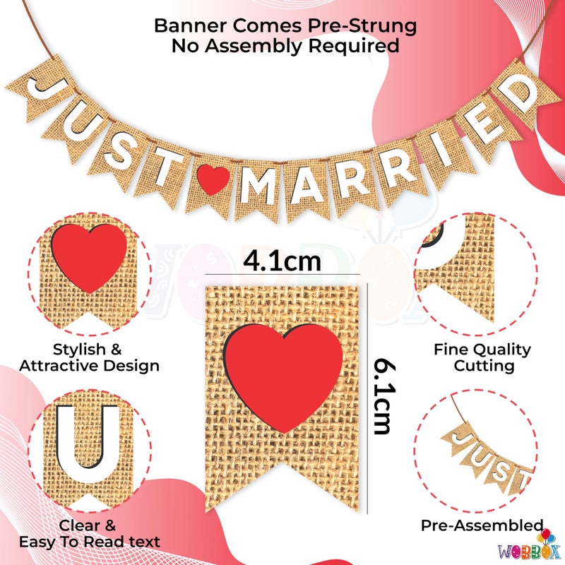 Wobbox Jute Style White & Red Heart "Just Married" Bunting Banner, Wedding Decoration Item - Image 2