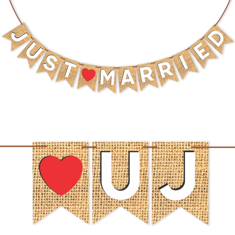 Wobbox Jute Style White & Red Heart "Just Married" Bunting Banner, Wedding Decoration Item - Image 1