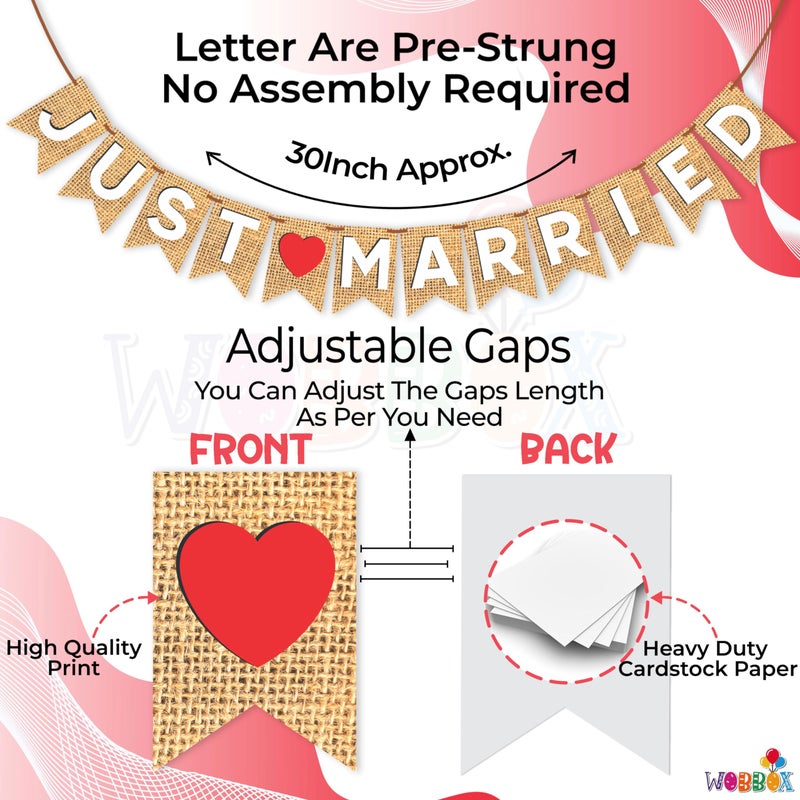 Wobbox Jute Style White & Red Heart "Just Married" Bunting Banner, Wedding Decoration Item - Image 3