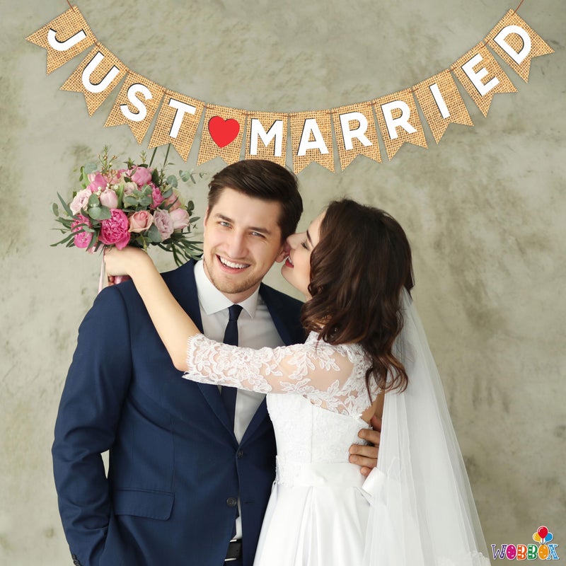 Wobbox Jute Style White & Red Heart "Just Married" Bunting Banner, Wedding Decoration Item - Image 5