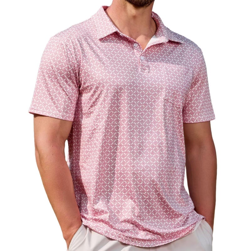 Lexiart Mens Golf Shirt Short Sleeve Slim Fit Quick-Dry Moisture Wicking Performance Print Patterns Polo with Pocket Pink - Image 1