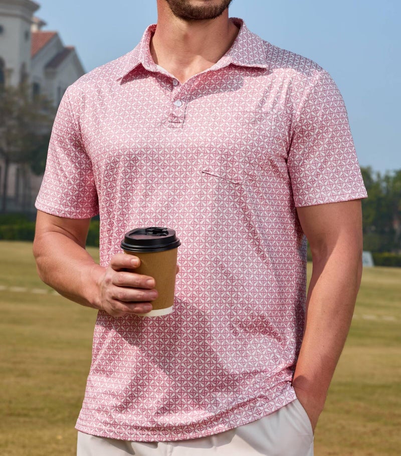 Lexiart Mens Golf Shirt Short Sleeve Slim Fit Quick-Dry Moisture Wicking Performance Print Patterns Polo with Pocket Pink - Image 4