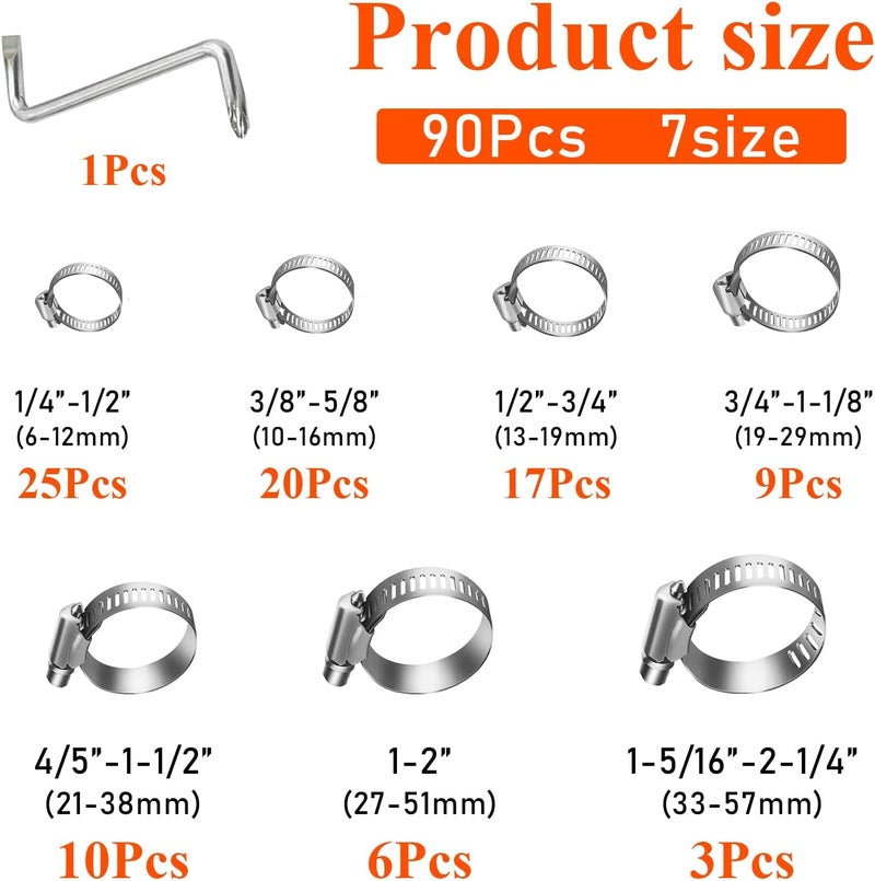 Juasky 90pcs Stainless Steel Hose Clamp Assortment Kit,1/2-2 1/4 Inch Small Stainless Hose Clamp For Tube Pipe Fuel Line, Plumbing - Image 2