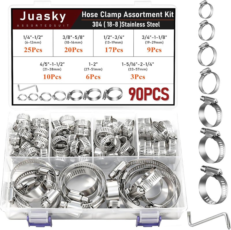 Juasky 90pcs Stainless Steel Hose Clamp Assortment Kit,1/2-2 1/4 Inch Small Stainless Hose Clamp For Tube Pipe Fuel Line, Plumbing - Image 1