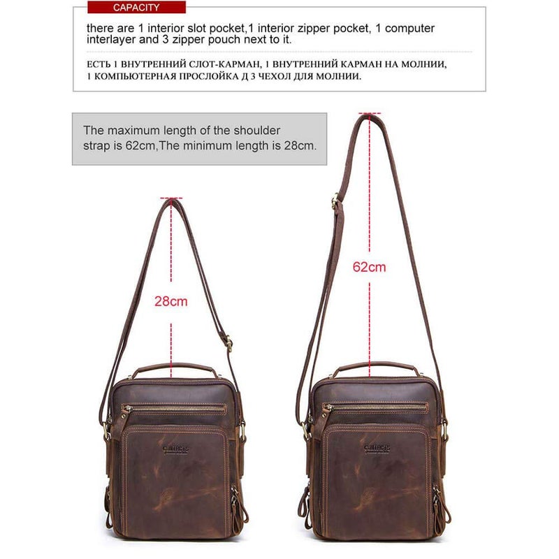 Hiram Hiram Men's Crazy Horse Cow Leather Messenger Bag, Crossbody Bag for Men, 25.5 cm x 21.5 cm x 10.0 cm, Coffee  - Image 5