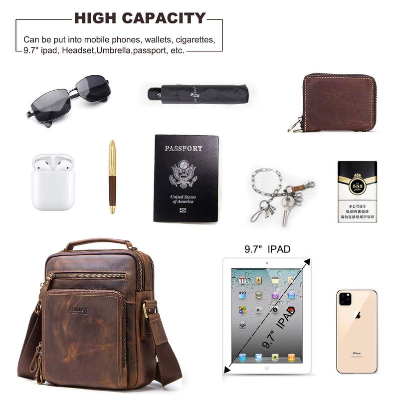 Hiram Hiram Men's Crazy Horse Cow Leather Messenger Bag, Crossbody Bag for Men, 25.5 cm x 21.5 cm x 10.0 cm, Coffee  - Image 2