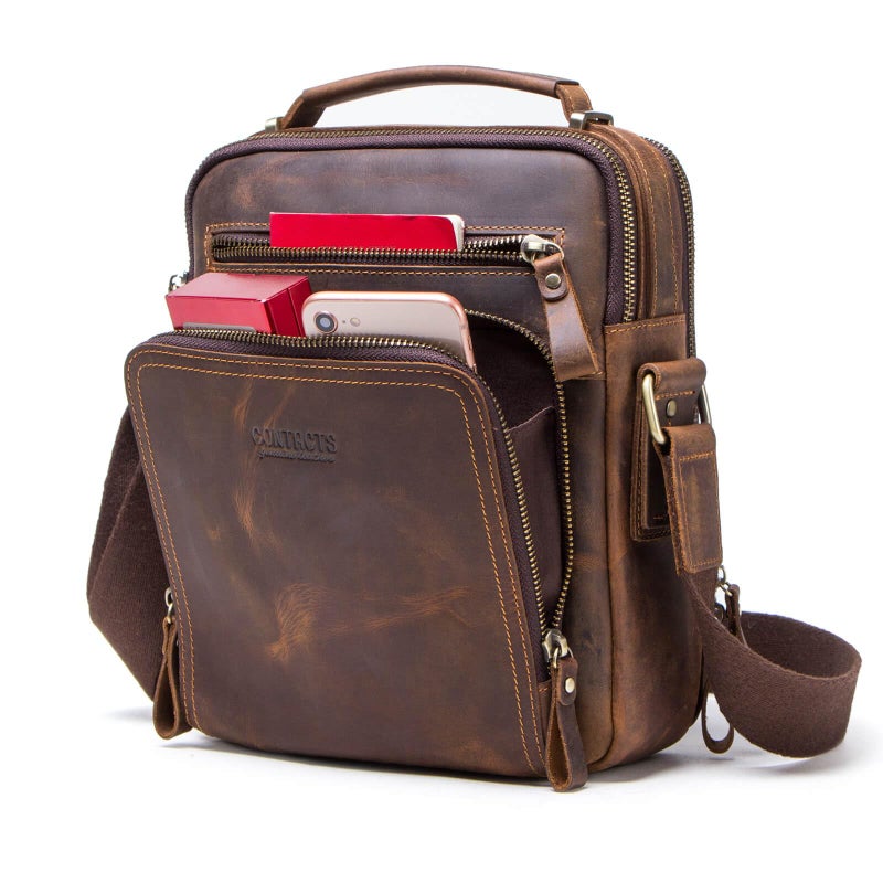 Hiram Hiram Men's Crazy Horse Cow Leather Messenger Bag, Crossbody Bag for Men, 25.5 cm x 21.5 cm x 10.0 cm, Coffee  - Image 1