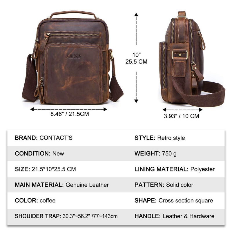 Hiram Hiram Men's Crazy Horse Cow Leather Messenger Bag, Crossbody Bag for Men, 25.5 cm x 21.5 cm x 10.0 cm, Coffee  - Image 3